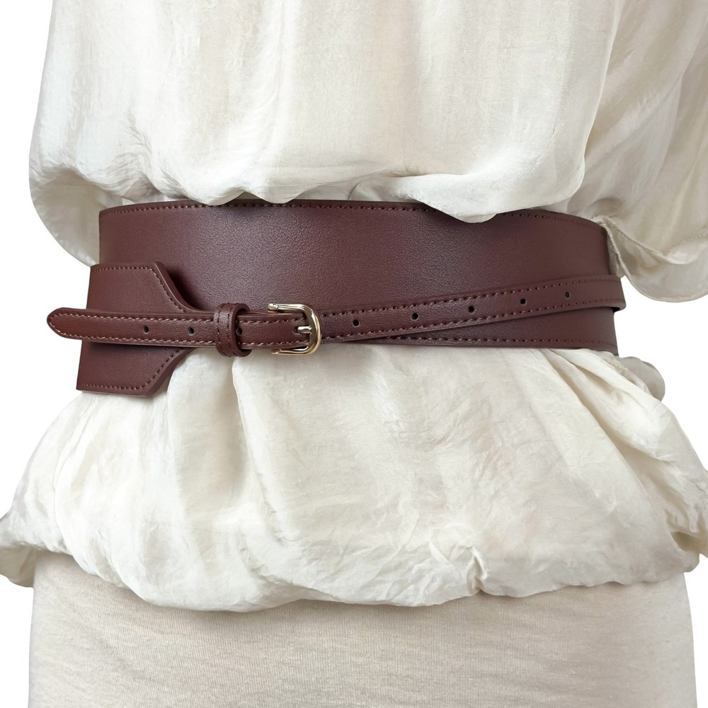 90s Brown Wide Waist Leather Belt Pirate Gold Buckle Cinch Vintage Prairie